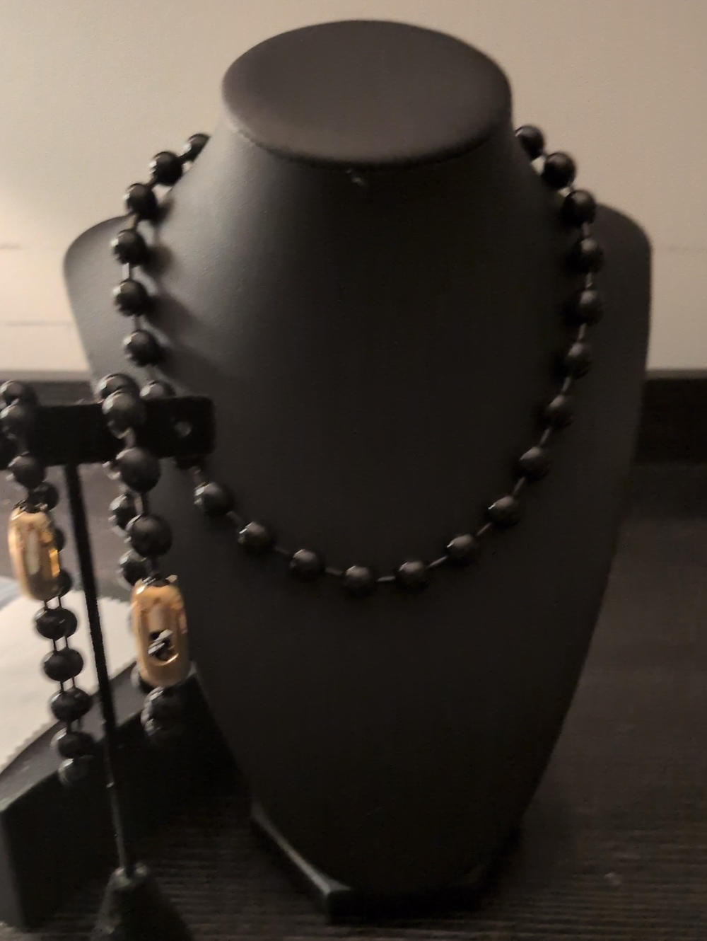 Black Beaded Necklace with Gold Accent - And Two Bracelets Included